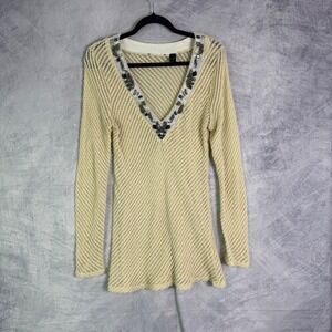 Cottagecore artsy Cream open Knit Tunic Top women's Sz L Lagenlook Beaded boho